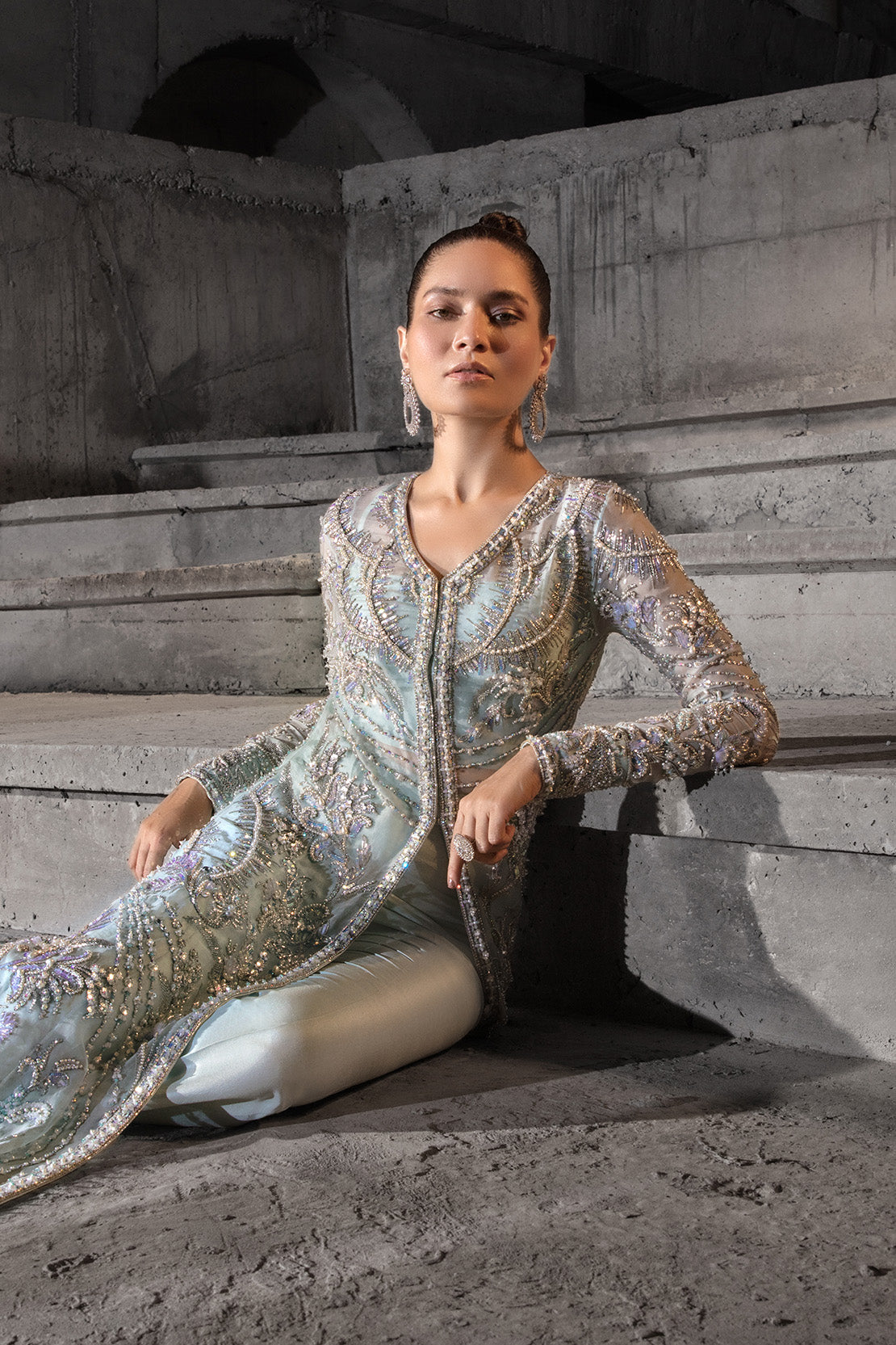 Ice Blue Embellished Organza Jacket Set (2-Piece) - Image 5