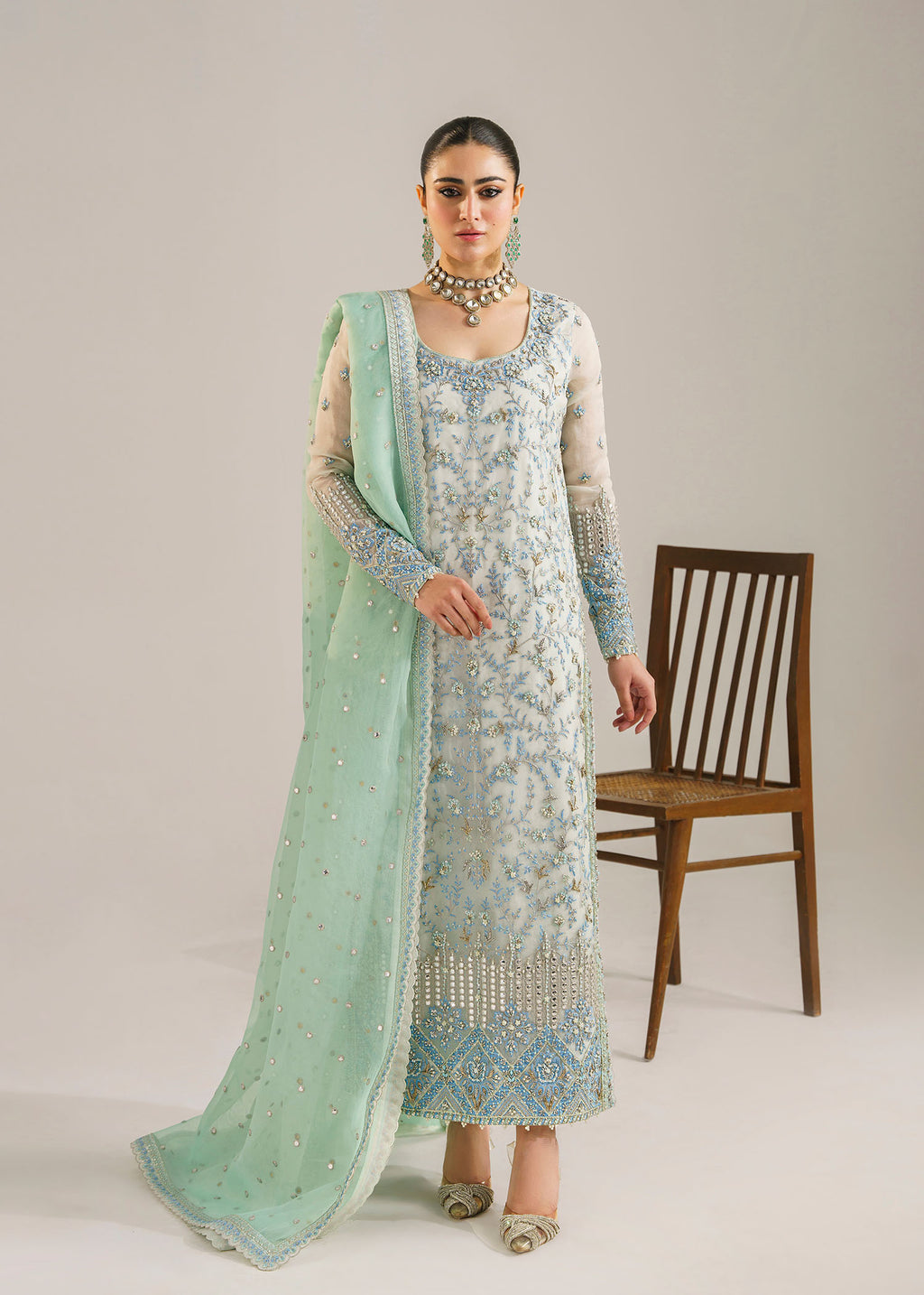 Pakistani Ice Blue Mint Embroidered Organza Kameez (3-Piece) - Image 1