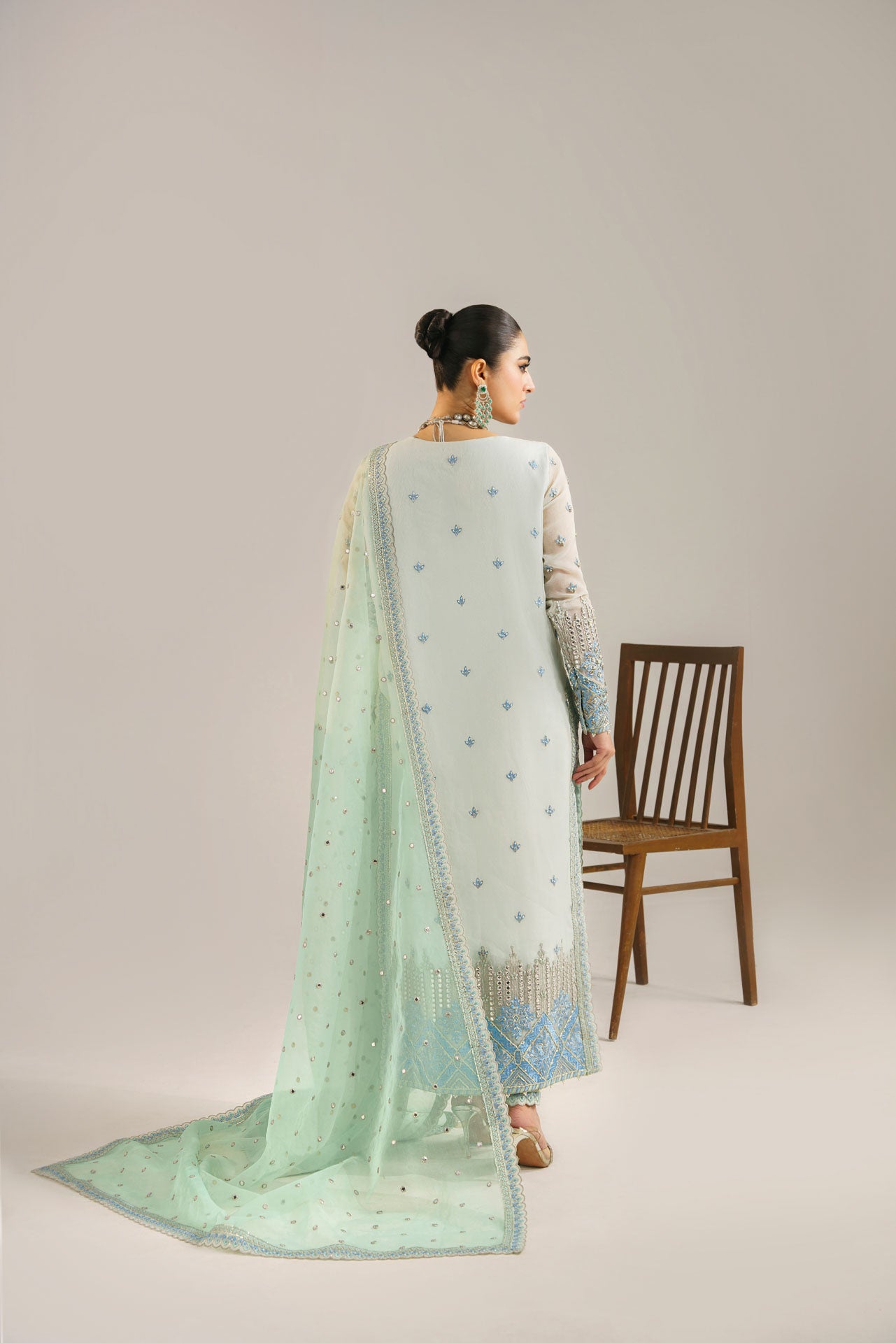 Pakistani Ice Blue Mint Embroidered Organza Kameez (3-Piece) - Image 2