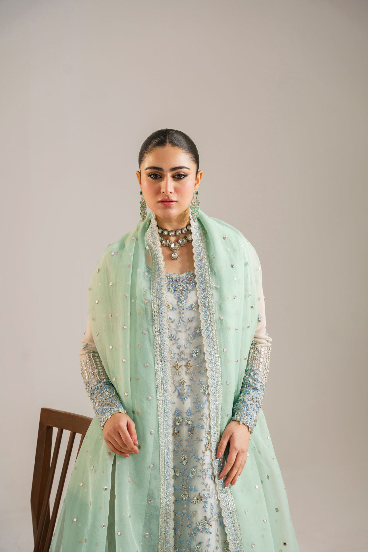 Pakistani Ice Blue Mint Embroidered Organza Kameez (3-Piece) - Image 3