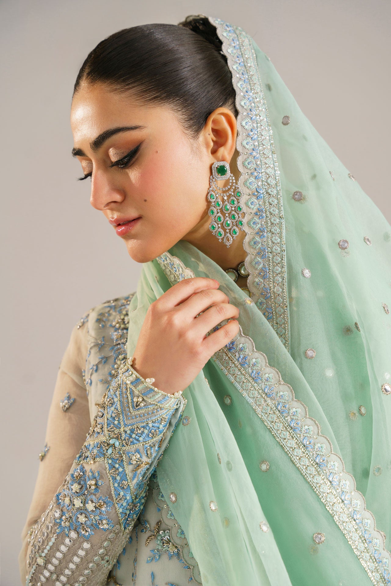 Pakistani Ice Blue Mint Embroidered Organza Kameez (3-Piece) - Image 4