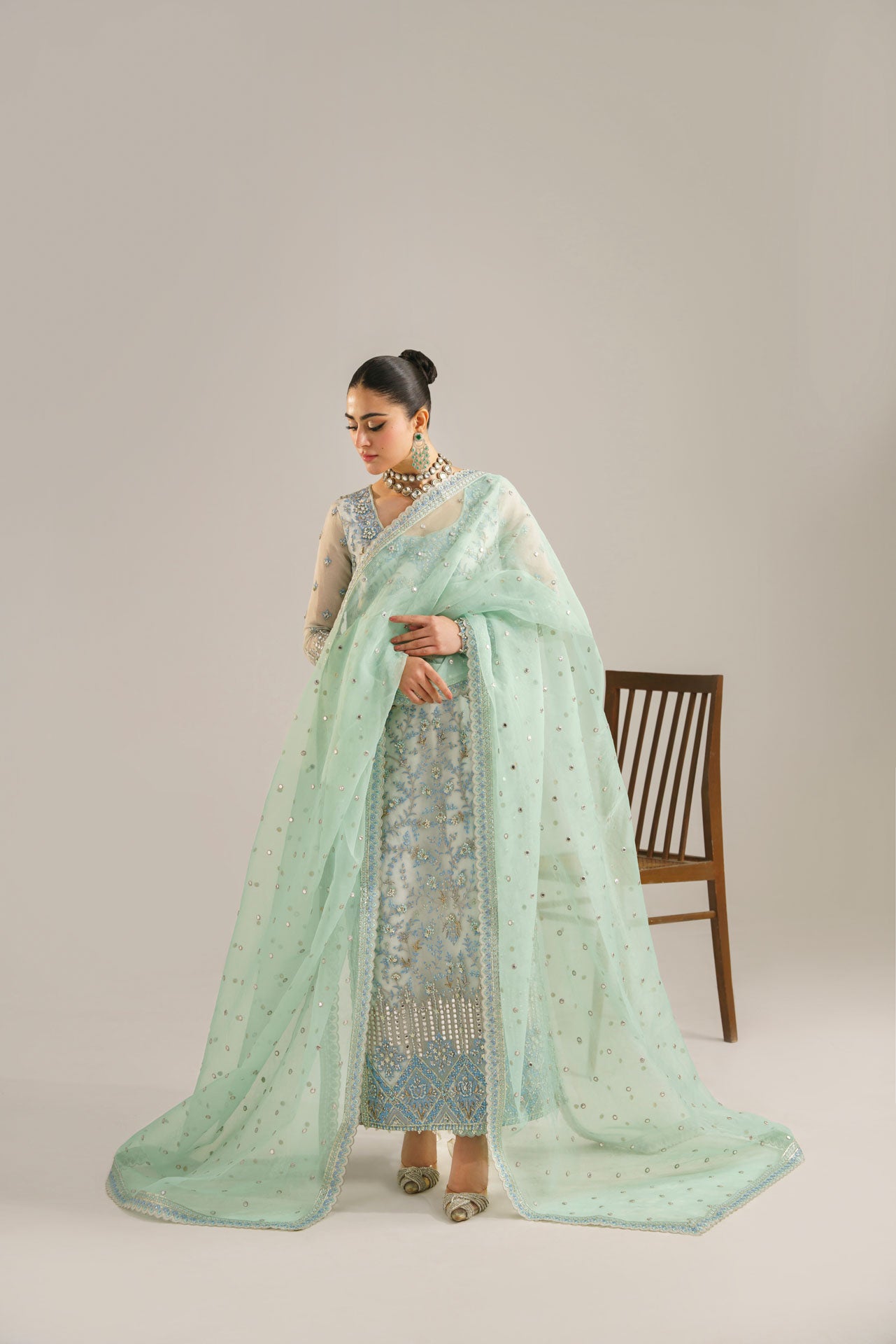 Pakistani Ice Blue Mint Embroidered Organza Kameez (3-Piece) - Image 5