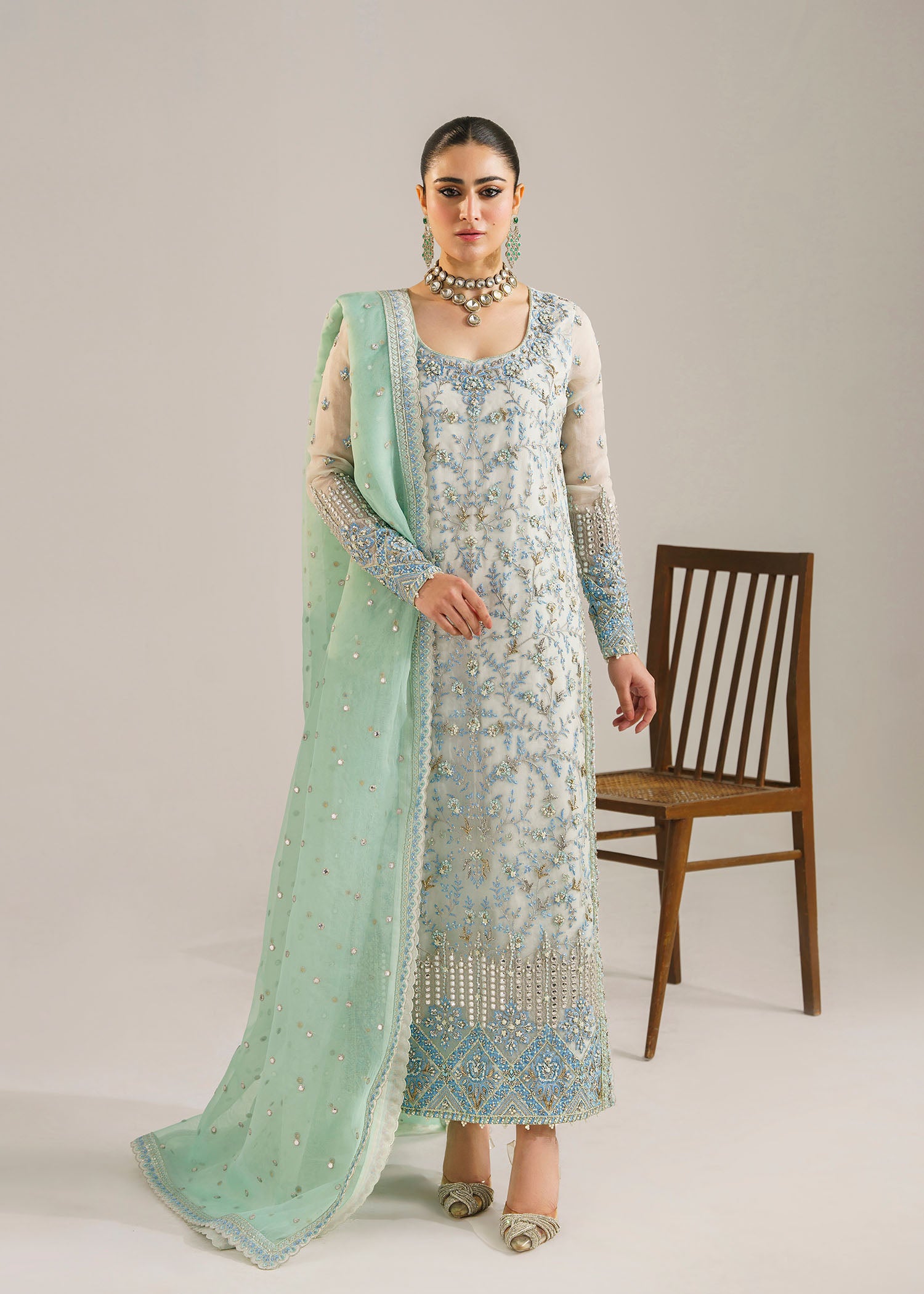 Pakistani Ice Blue Mint Embroidered Organza Kameez (3-Piece) - Image 6
