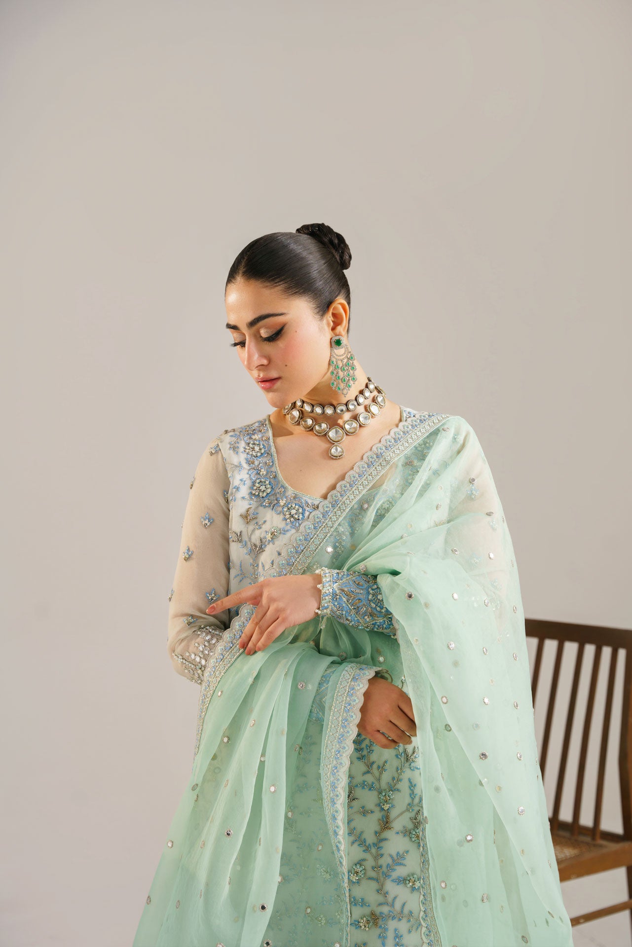 Pakistani Ice Blue Mint Embroidered Organza Kameez (3-Piece) - Image 7