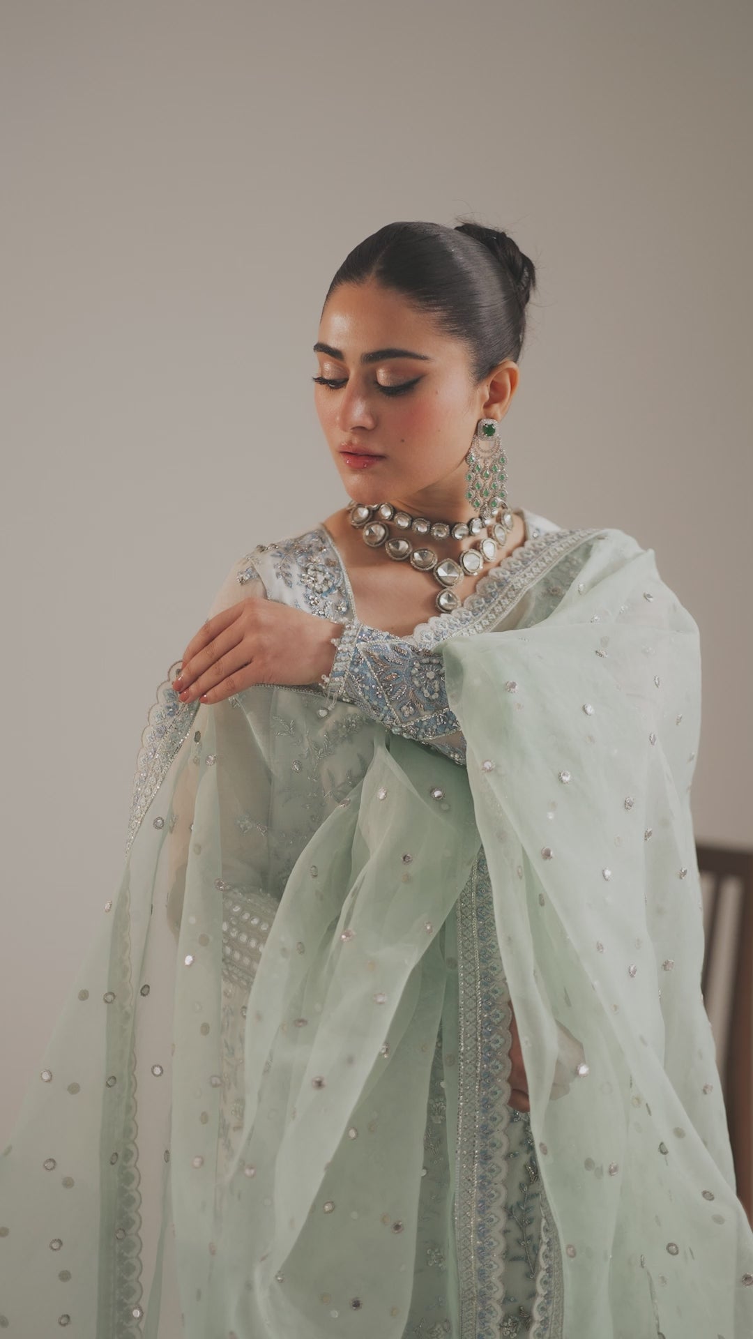 Pakistani Ice Blue Mint Embroidered Organza Kameez (3-Piece) - Image 8