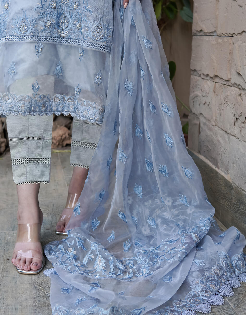 Pakistani Ice Blue Embroidered Salwar Kameez (3-Piece) - Image 3