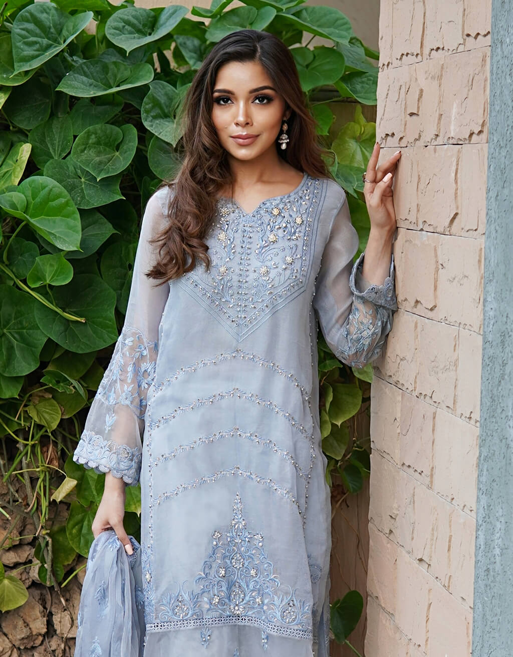 Pakistani Ice Blue Embroidered Salwar Kameez (3-Piece) - Image 4