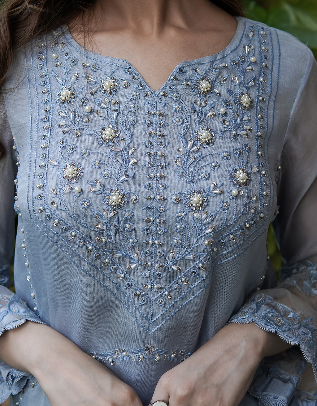 Pakistani Ice Blue Embroidered Salwar Kameez (3-Piece) - Image 5