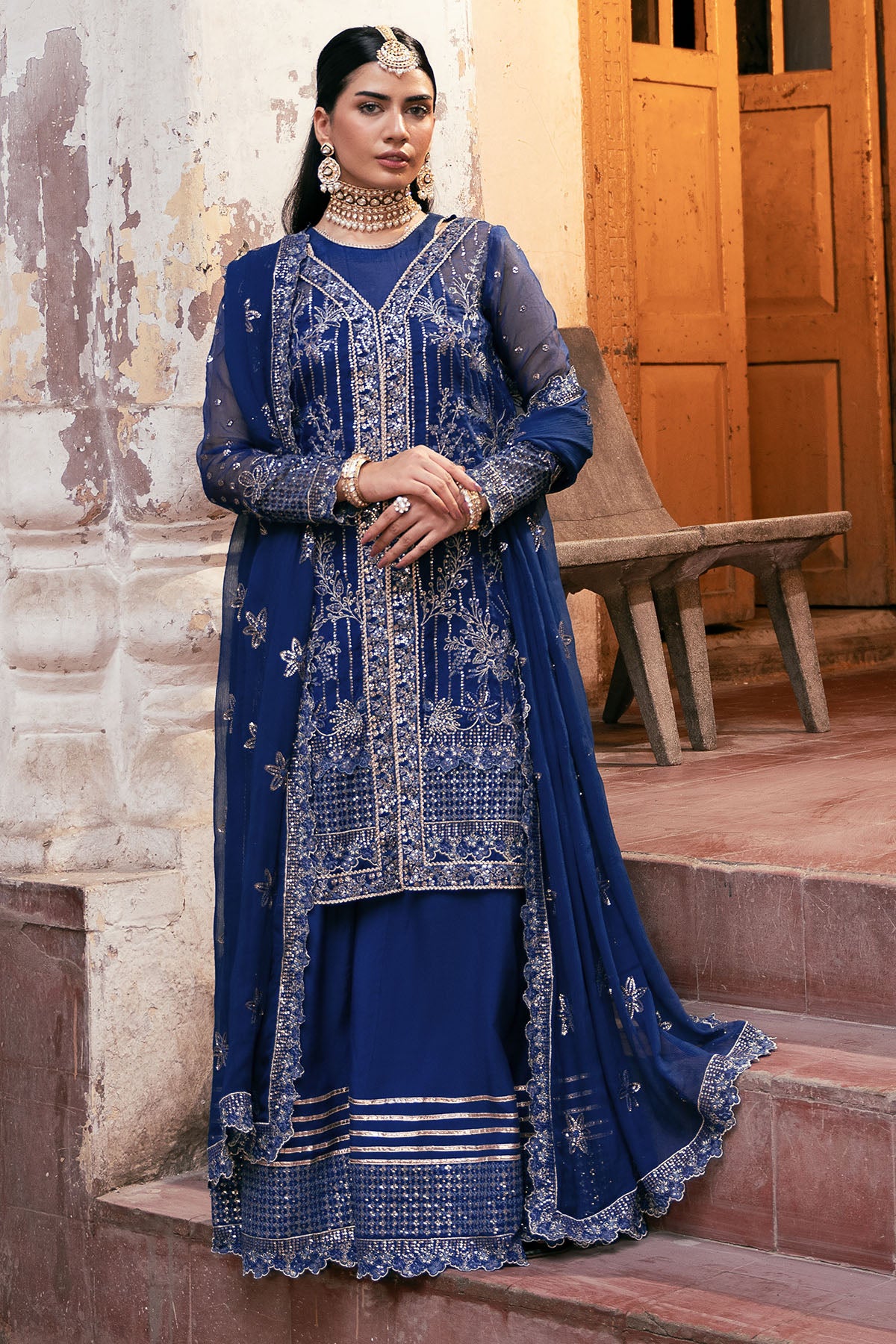 Deep Blue Embroidered Organza Salwar Kameez (3-Piece) - Image 1