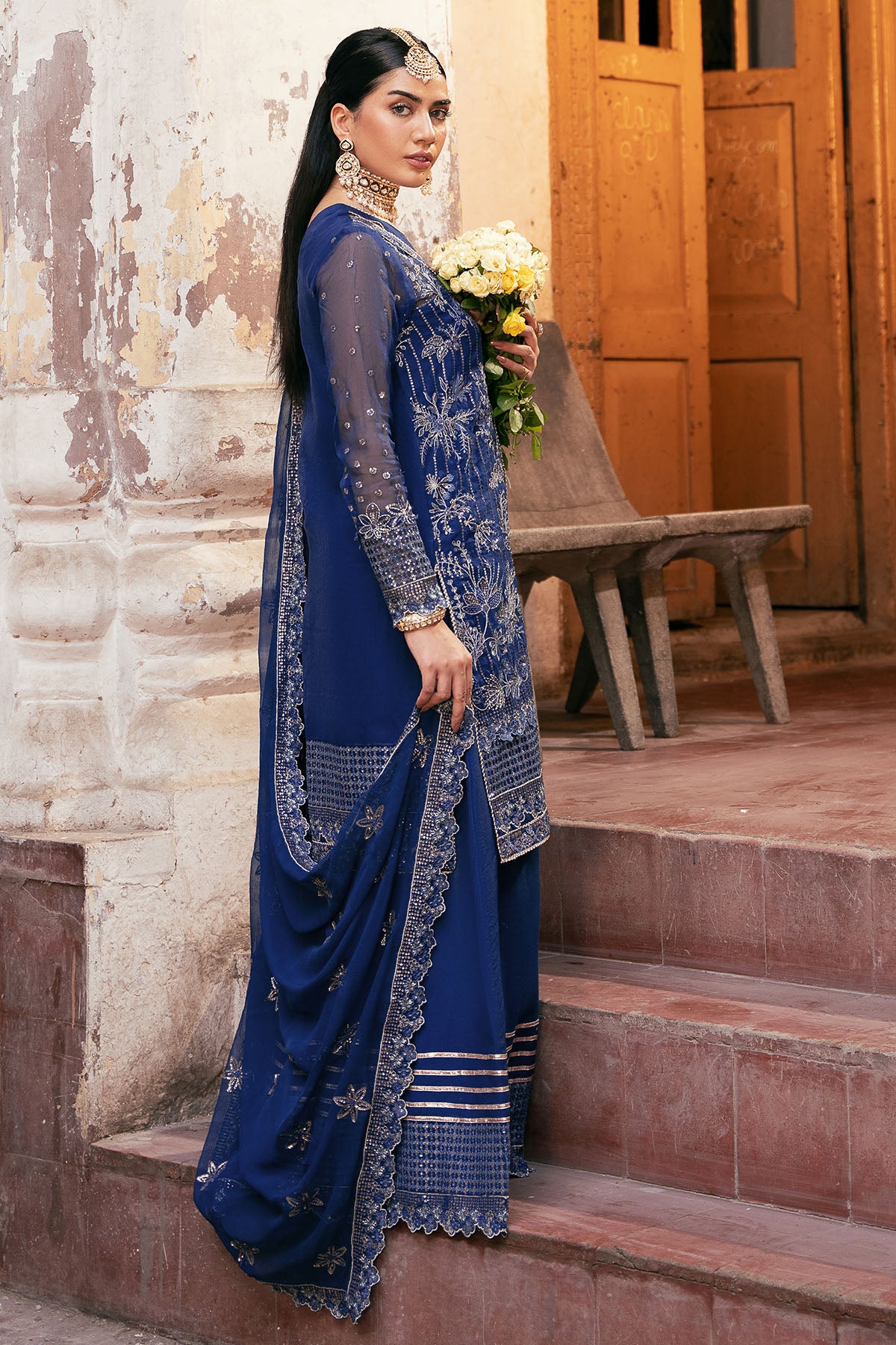 Deep Blue Embroidered Organza Salwar Kameez (3-Piece) - Image 2