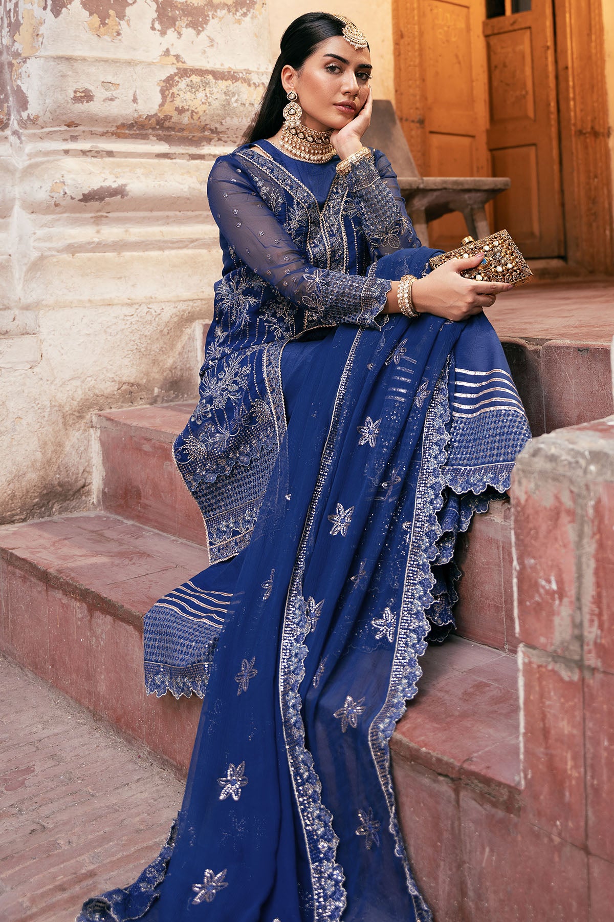Deep Blue Embroidered Organza Salwar Kameez (3-Piece) - Image 3