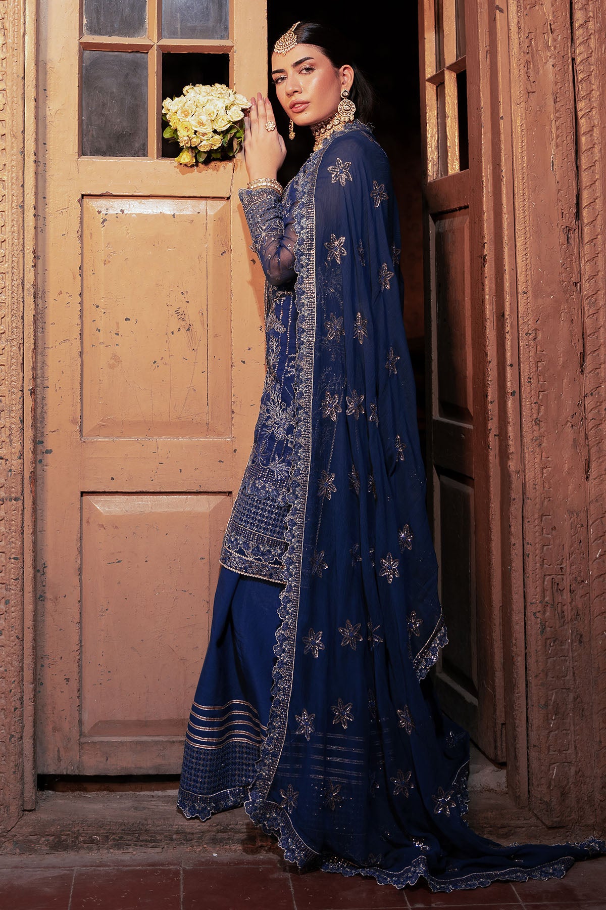 Deep Blue Embroidered Organza Salwar Kameez (3-Piece) - Image 4