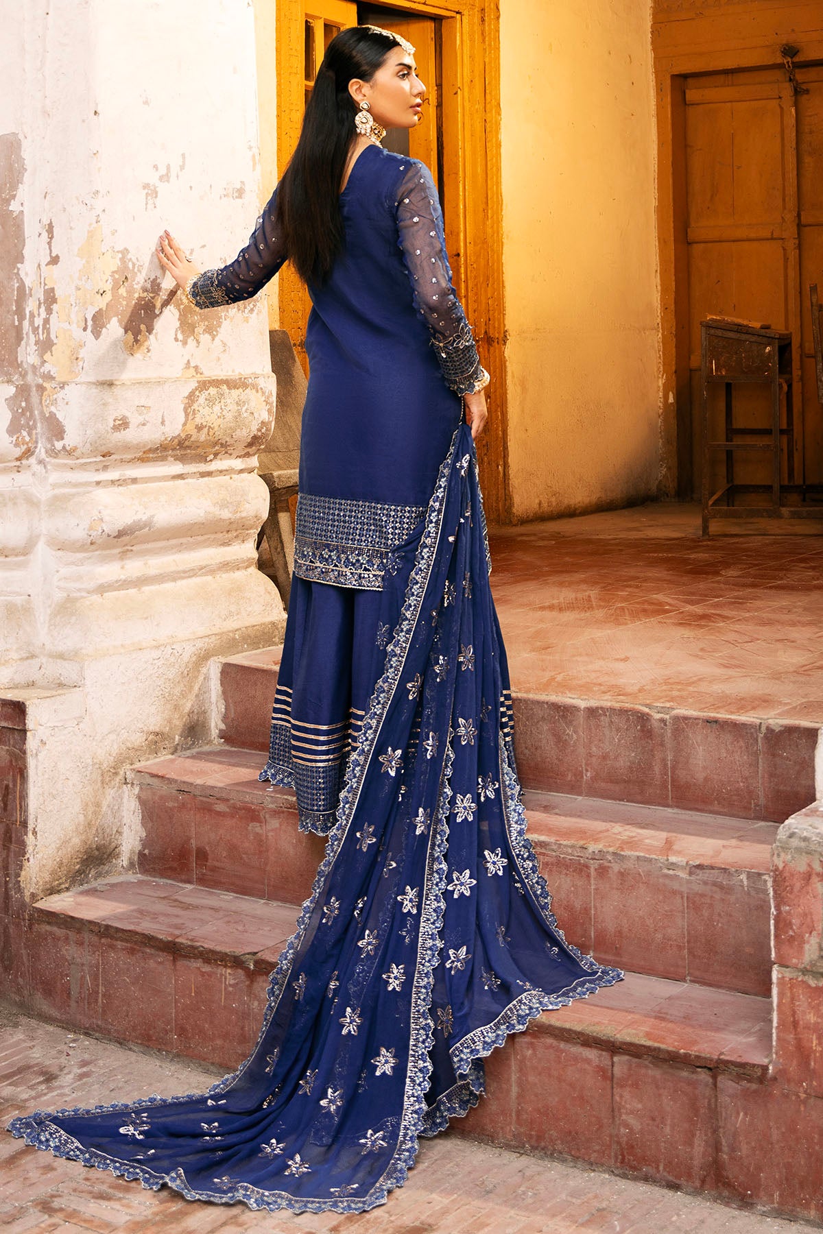 Deep Blue Embroidered Organza Salwar Kameez (3-Piece) - Image 5