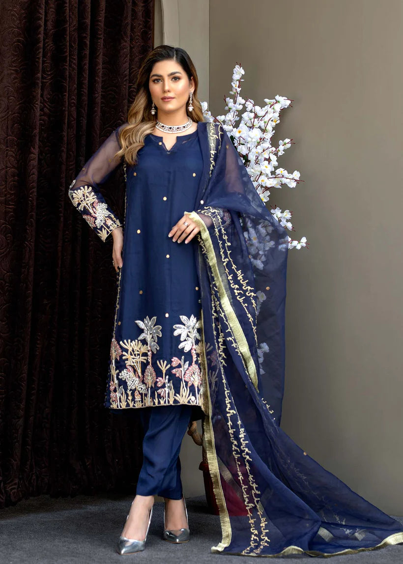 Deep Blue Embroidered Organza Kurta Set (3-Piece) - Image 1