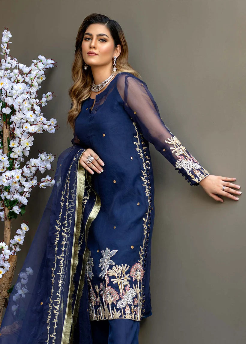 Deep Blue Embroidered Organza Kurta Set (3-Piece) - Image 2