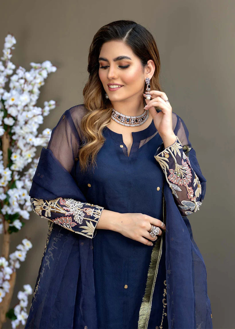 Deep Blue Embroidered Organza Kurta Set (3-Piece) - Image 4