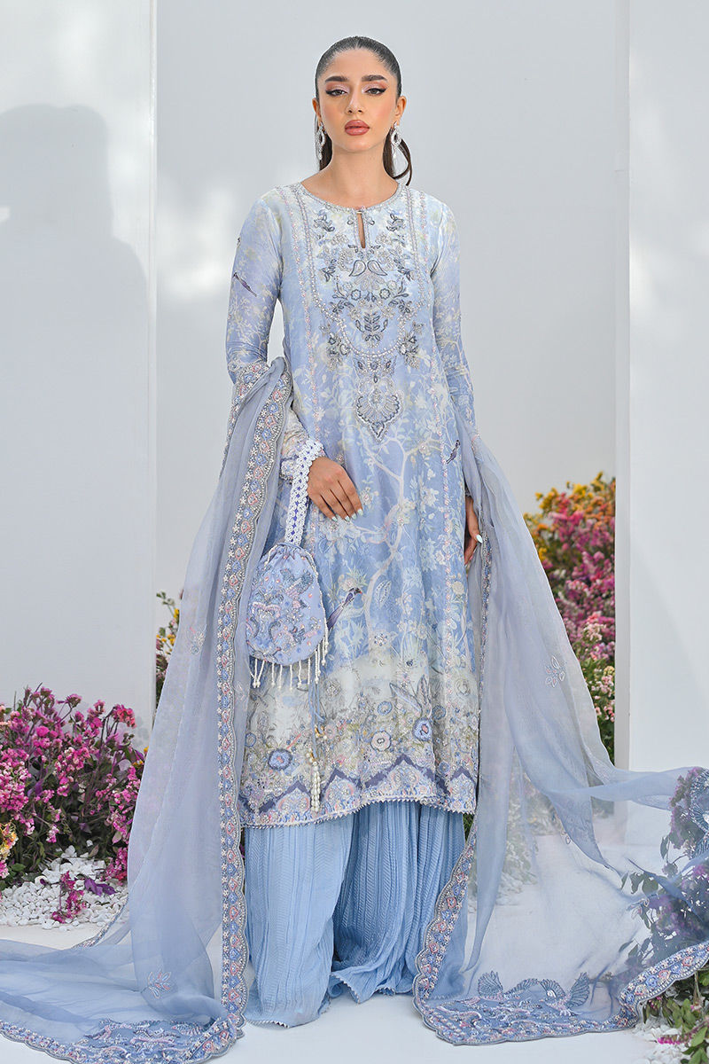 Periwinkle Embroidered Organza Net Salwar Kameez (3-Piece) - Image 1