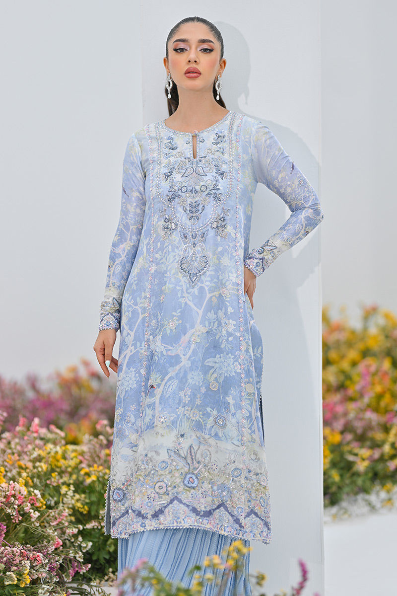 Periwinkle Embroidered Organza Net Salwar Kameez (3-Piece) - Image 2