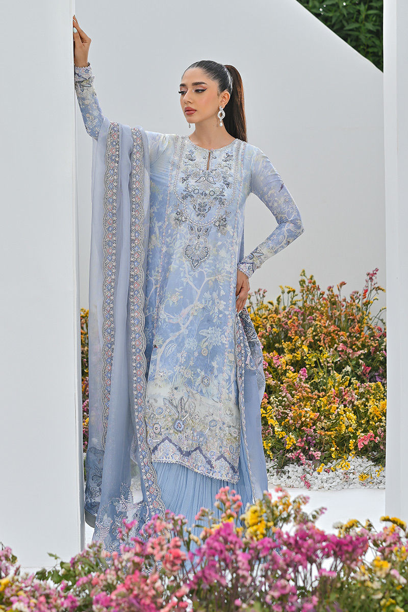 Periwinkle Embroidered Organza Net Salwar Kameez (3-Piece) - Image 4