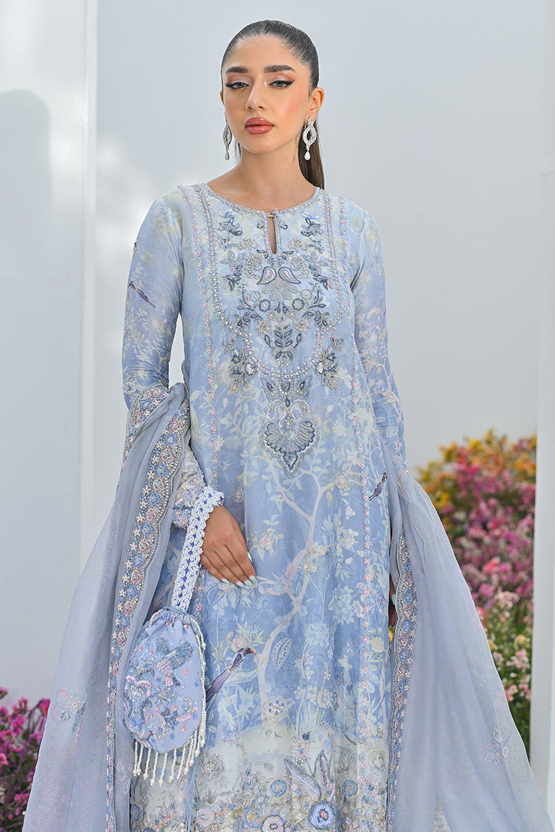Periwinkle Embroidered Organza Net Salwar Kameez (3-Piece) - Image 6