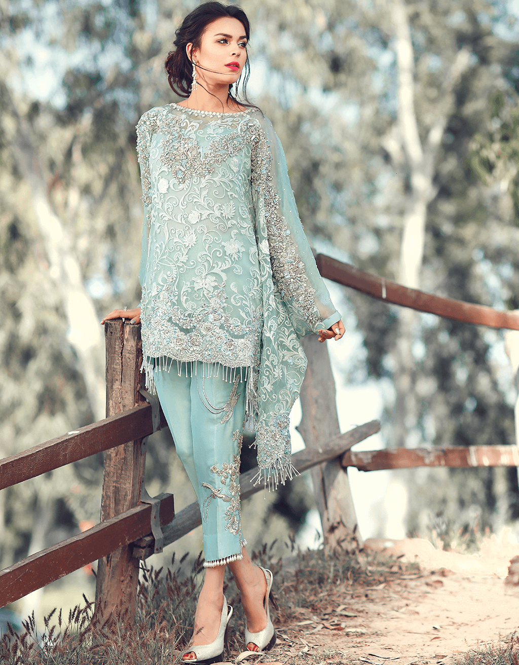 Pakistani Soft Sky Blue Hand-Embellished Organza Salwar Kameez (3-Piece) - Image 2