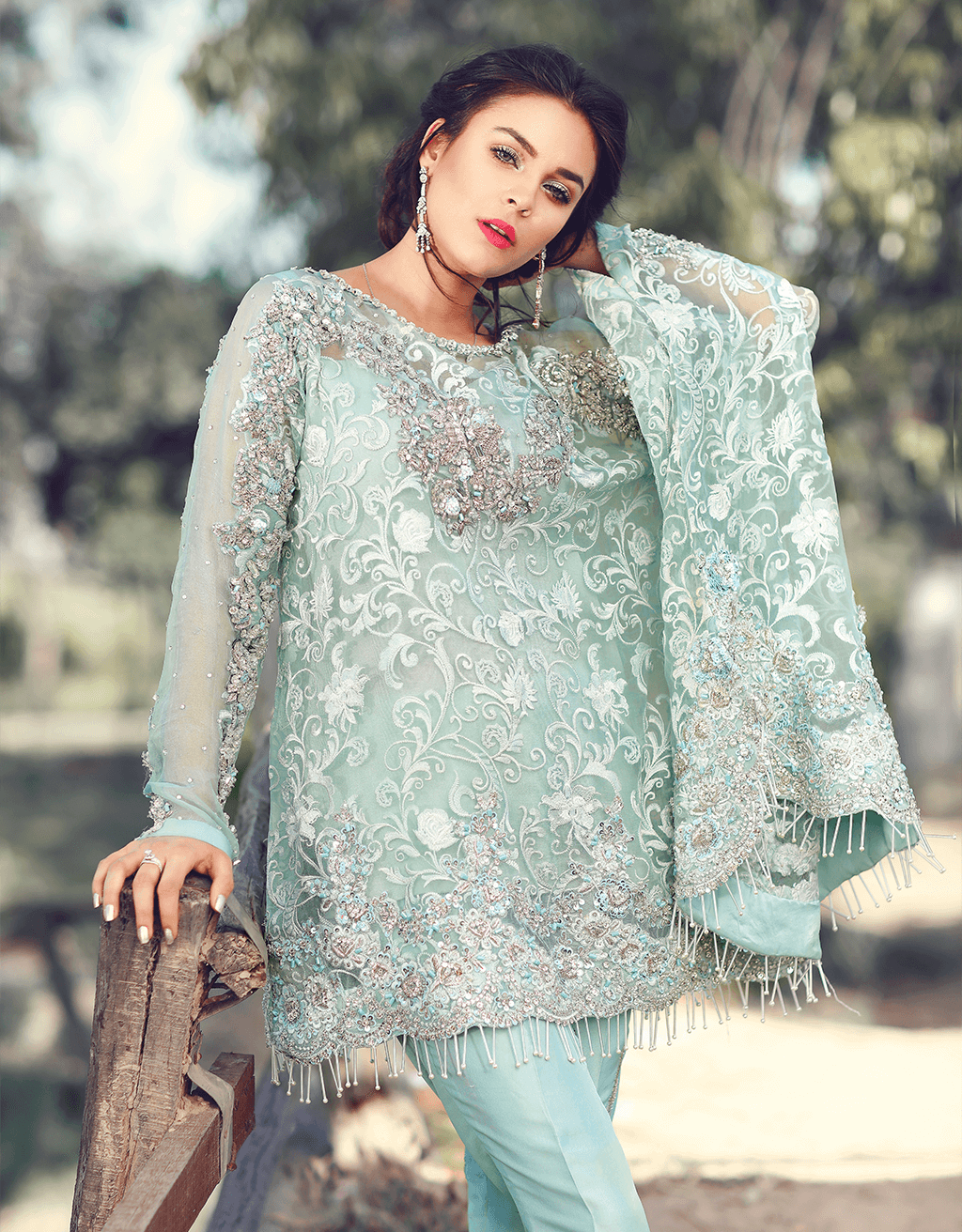 Pakistani Soft Sky Blue Hand-Embellished Organza Salwar Kameez (3-Piece) - Image 3