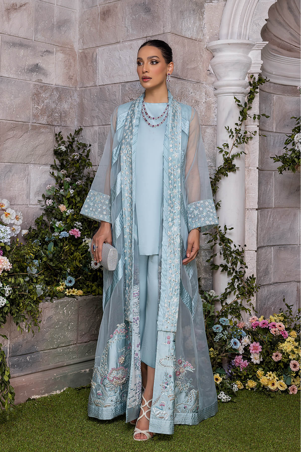 Powder Blue Embroidered Organza & Silk Jacket Set (3-Piece) - Image 1