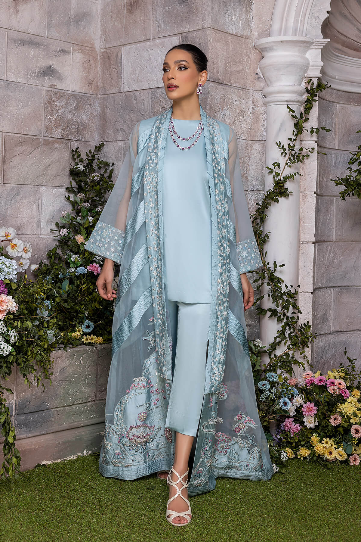 Powder Blue Embroidered Organza & Silk Jacket Set (3-Piece) - Image 2