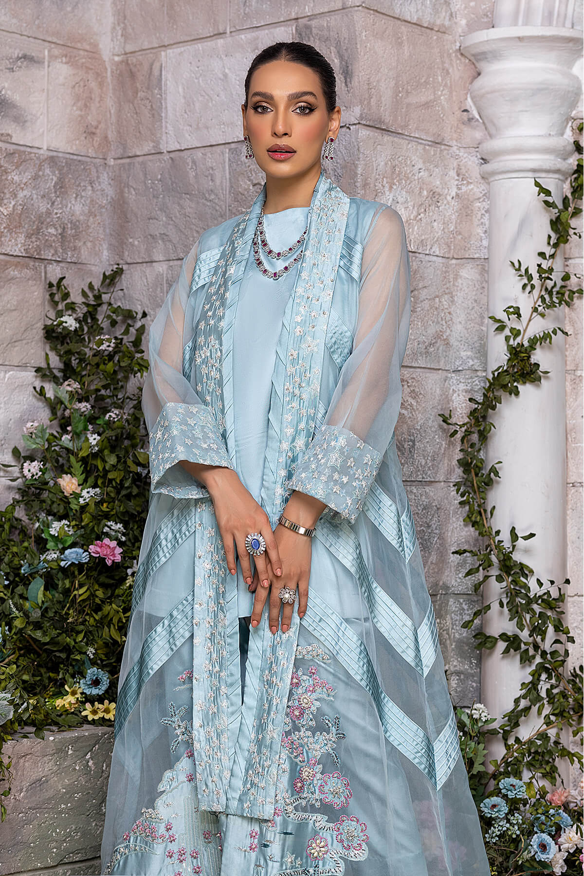 Powder Blue Embroidered Organza & Silk Jacket Set (3-Piece) - Image 3