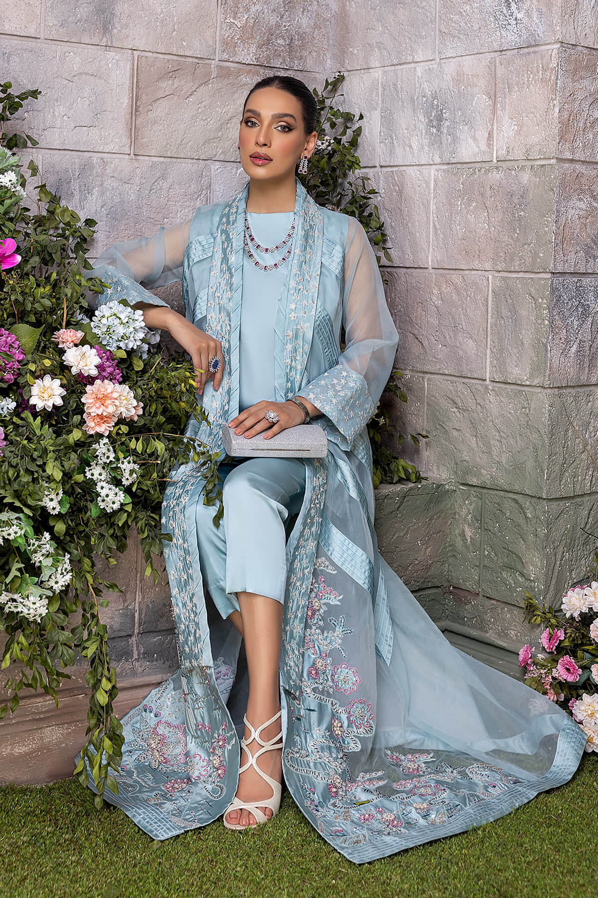 Powder Blue Embroidered Organza & Silk Jacket Set (3-Piece) - Image 4