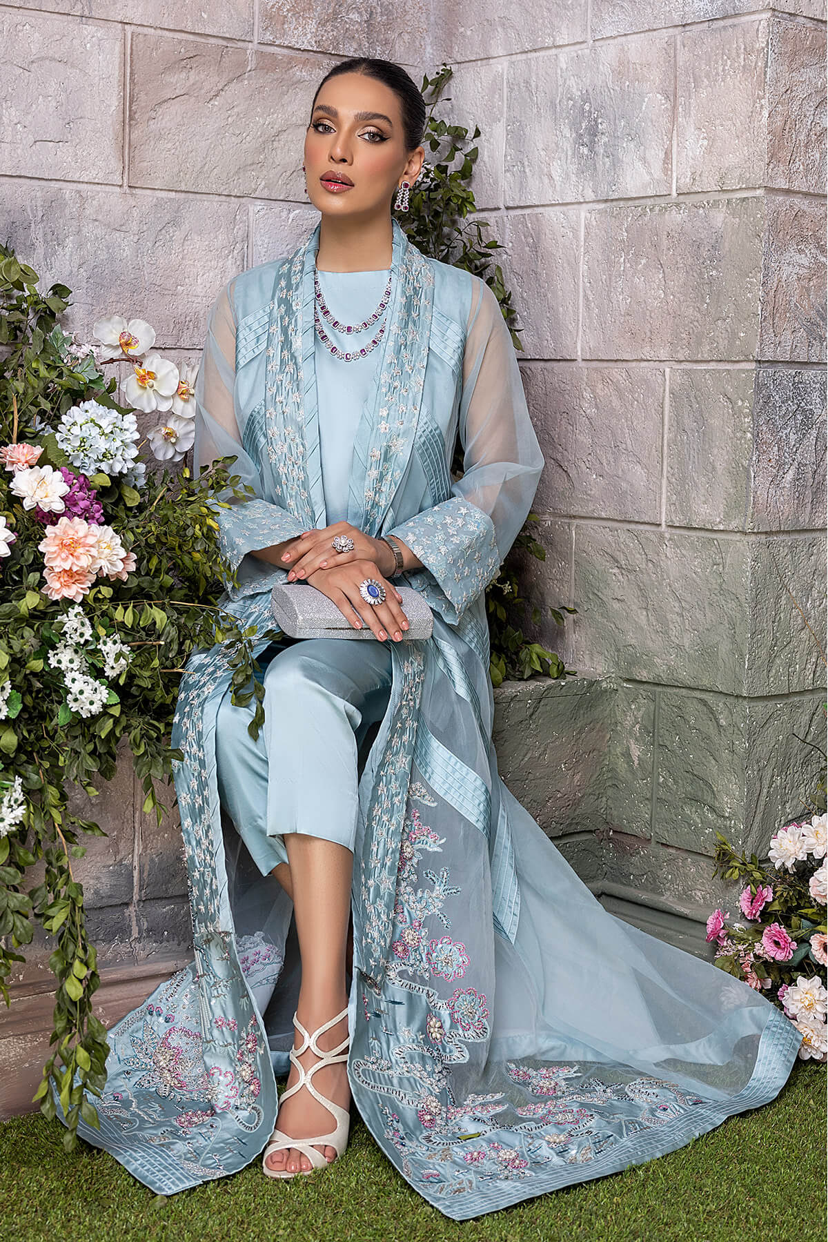 Powder Blue Embroidered Organza & Silk Jacket Set (3-Piece) - Image 5