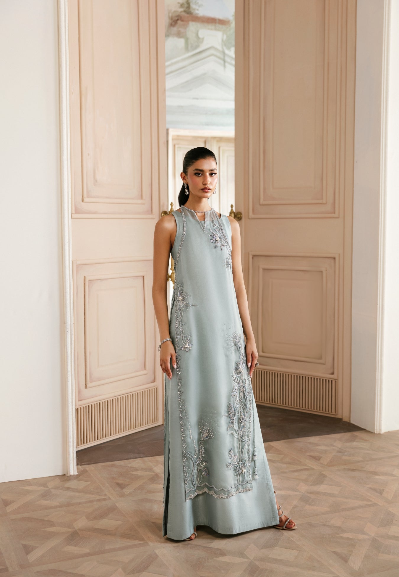 Ice-Blue Embellished Organza & Silk Kameez (2-Piece) - Image 1