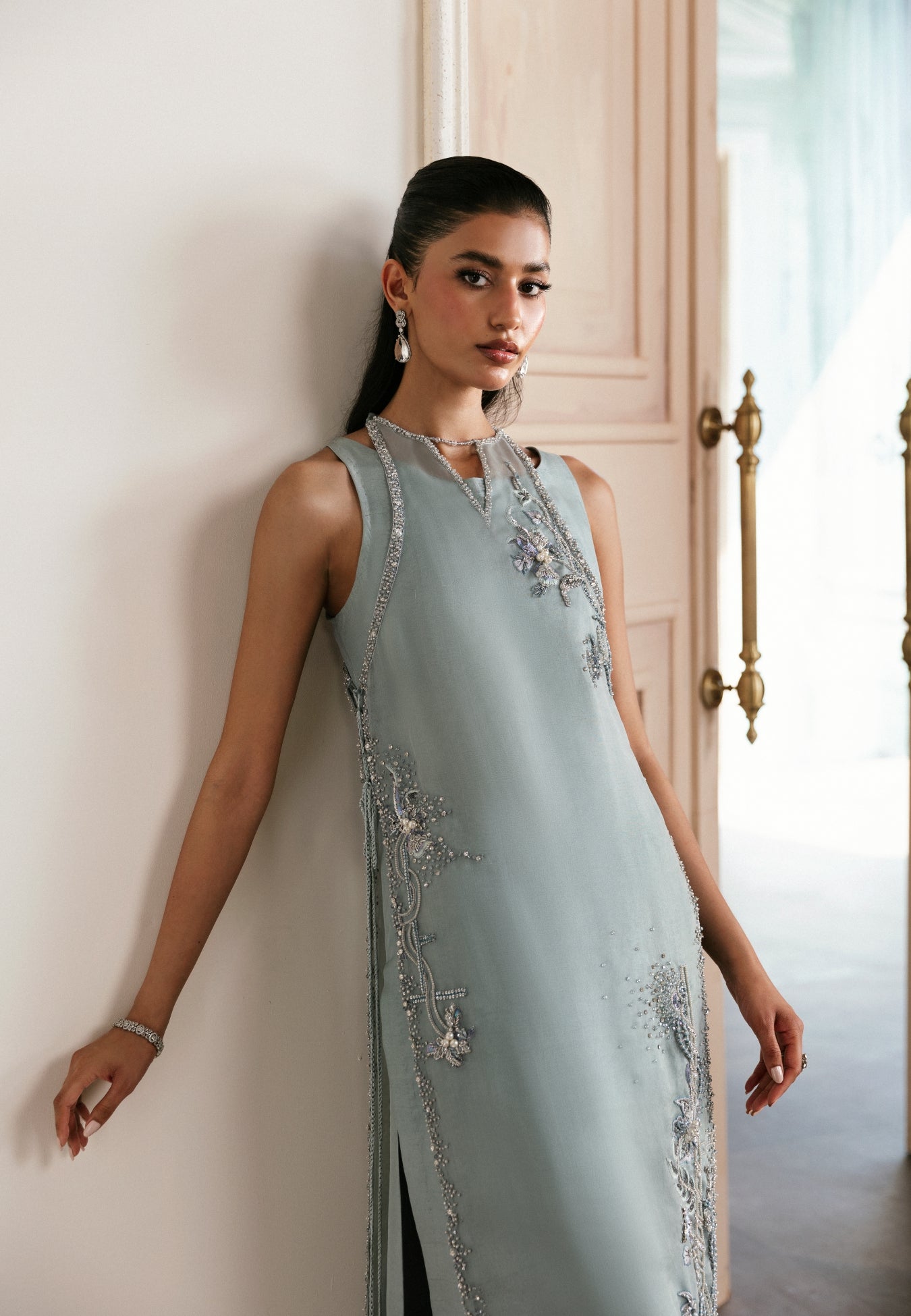 Ice-Blue Embellished Organza & Silk Kameez (2-Piece) - Image 2