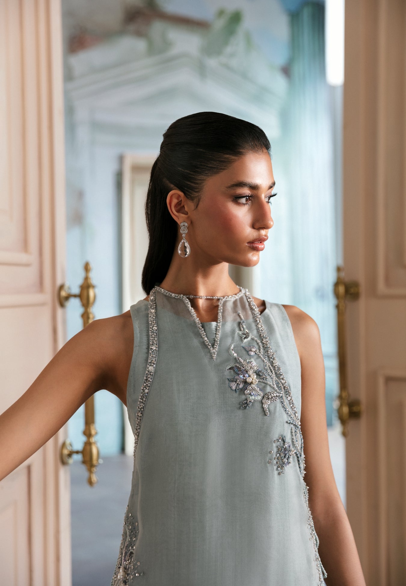 Ice-Blue Embellished Organza & Silk Kameez (2-Piece) - Image 3