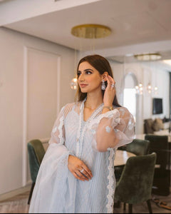 Pakistani Ice Blue Embroidered Organza Salwar Kameez (4-Piece) - Image 1