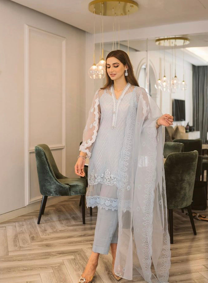 Pakistani Ice Blue Embroidered Organza Salwar Kameez (4-Piece) - Image 3