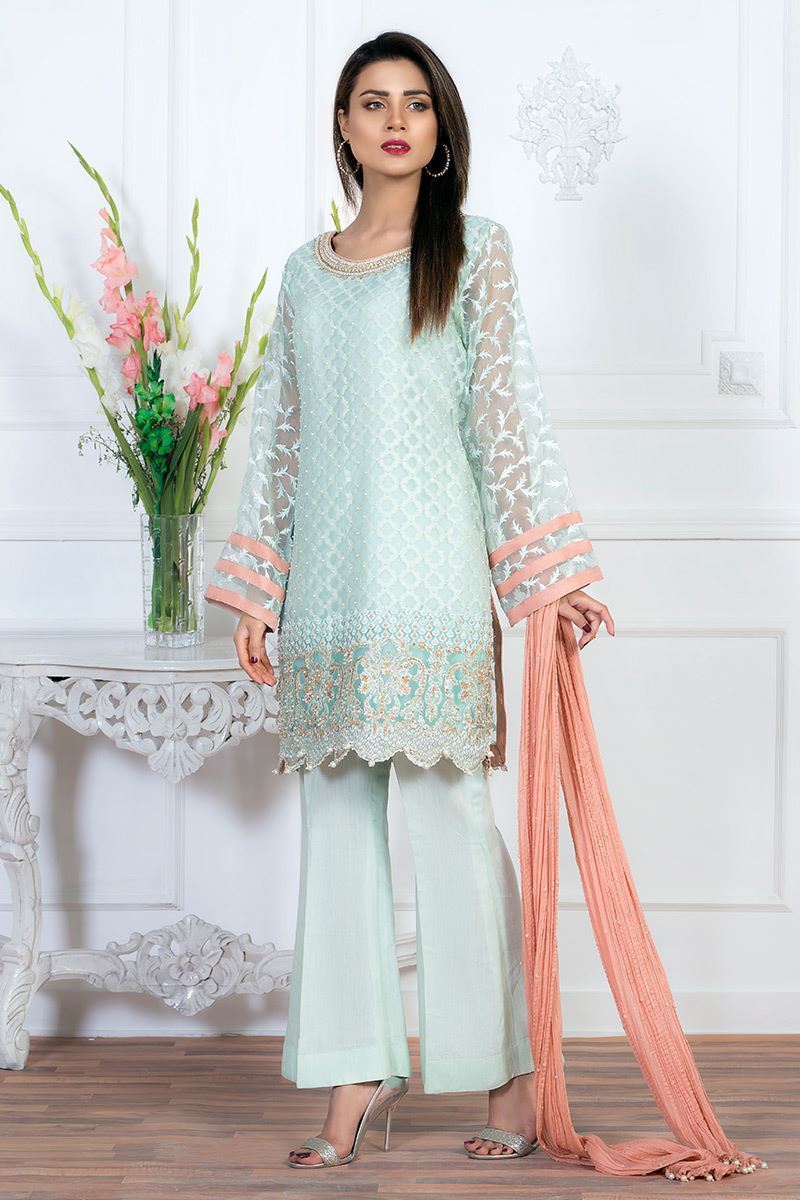 Pakistani Aqua Pearl & Zardozi Organza Kurta (3-Piece) - Image 1