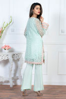 Pakistani Aqua Pearl & Zardozi Organza Kurta (3-Piece) - Image 4