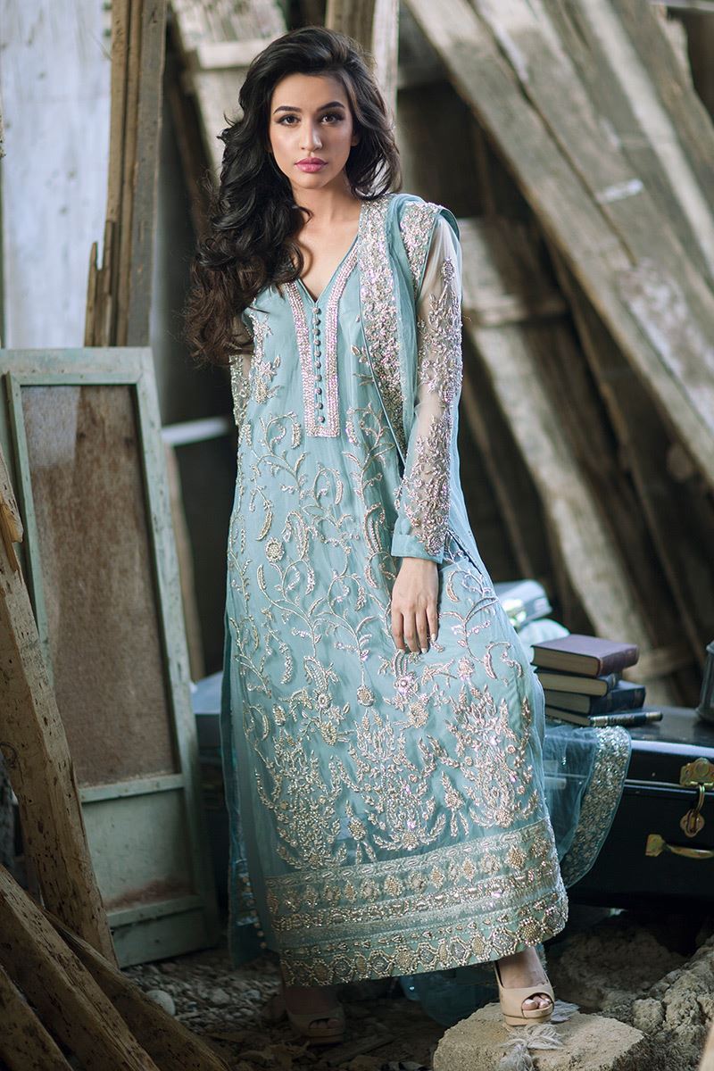 Pakistani Ice Blue Zardozi Silk-Blend Salwar Kameez (3-Piece) - Image 1