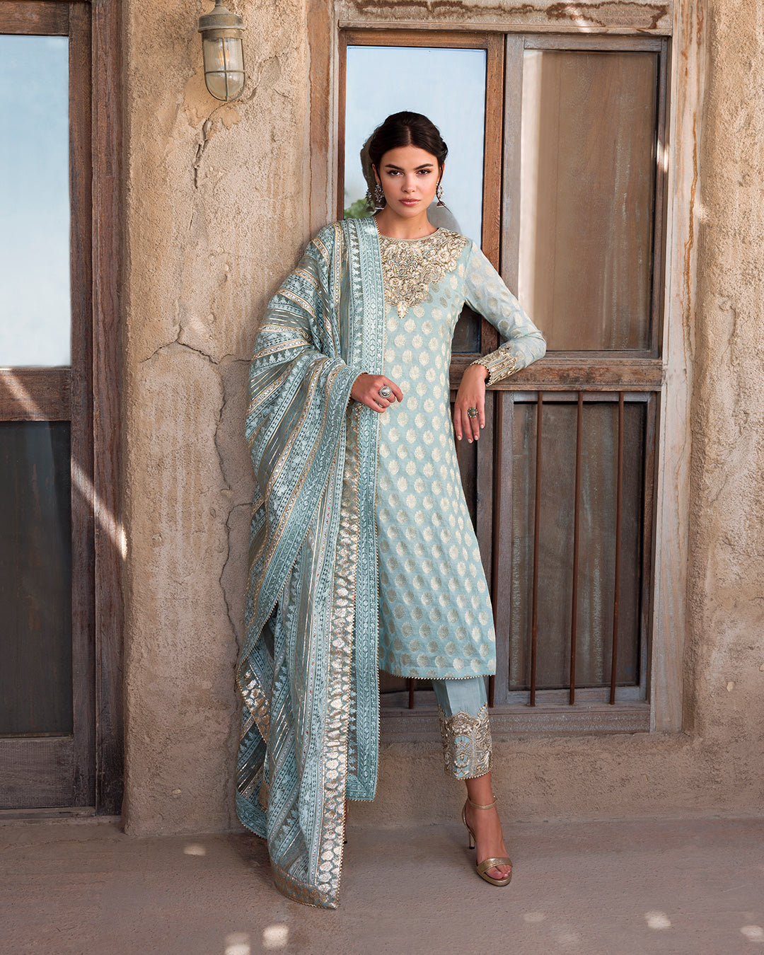 Mint Blue Embroidered Paper Silk Salwar Kameez (3-Piece) - Image 1