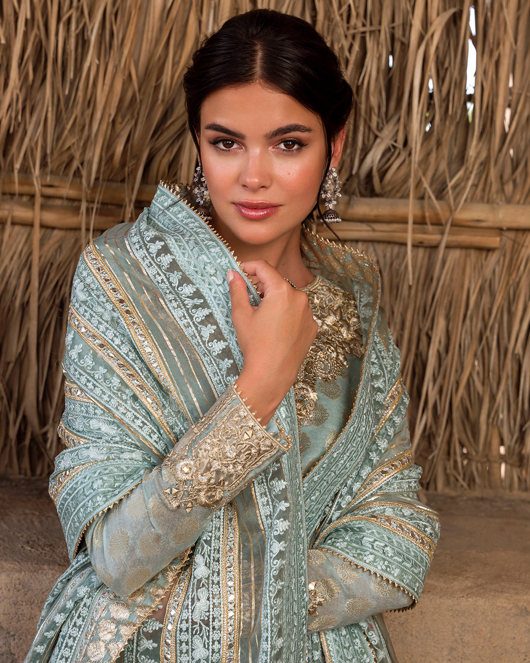 Mint Blue Embroidered Paper Silk Salwar Kameez (3-Piece) - Image 4