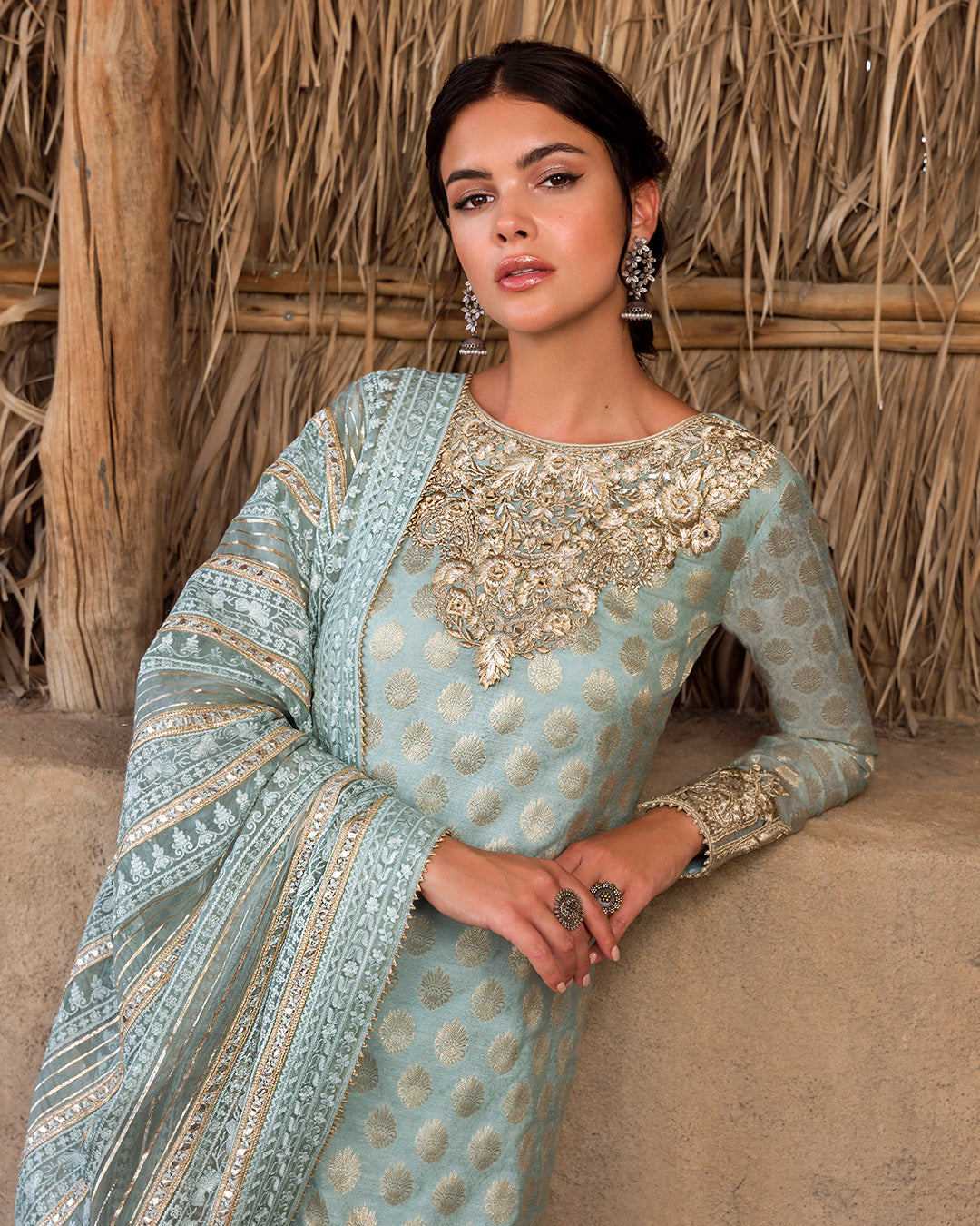 Pakistani Mint Blue Embroidered Paper Silk Salwar Kameez (3-Piece) - Image 2