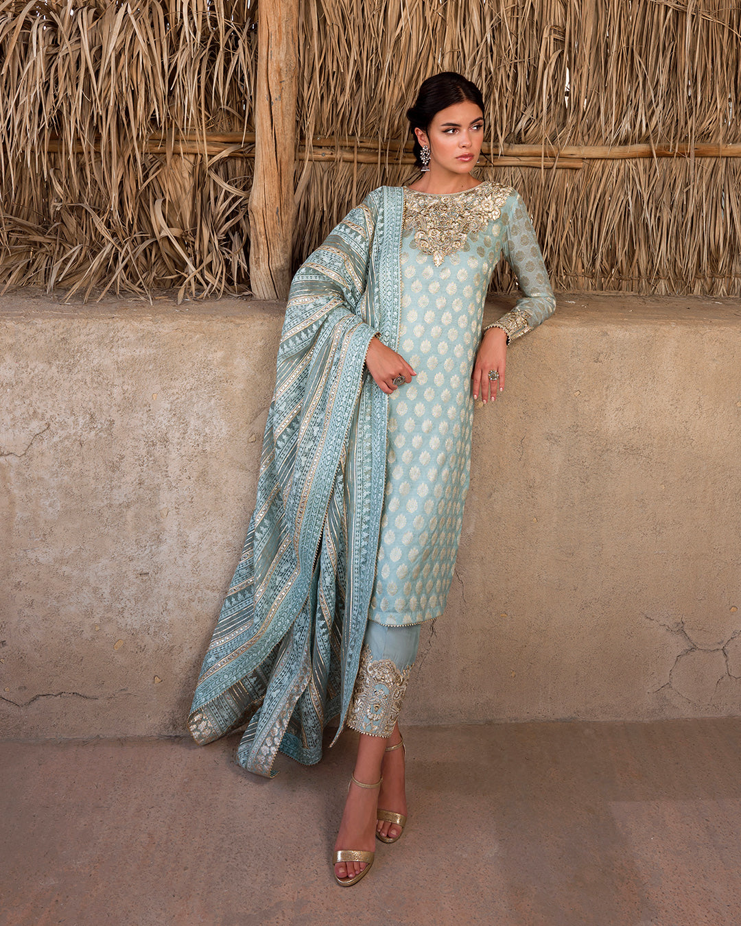Pakistani Mint Blue Embroidered Paper Silk Salwar Kameez (3-Piece) - Image 3