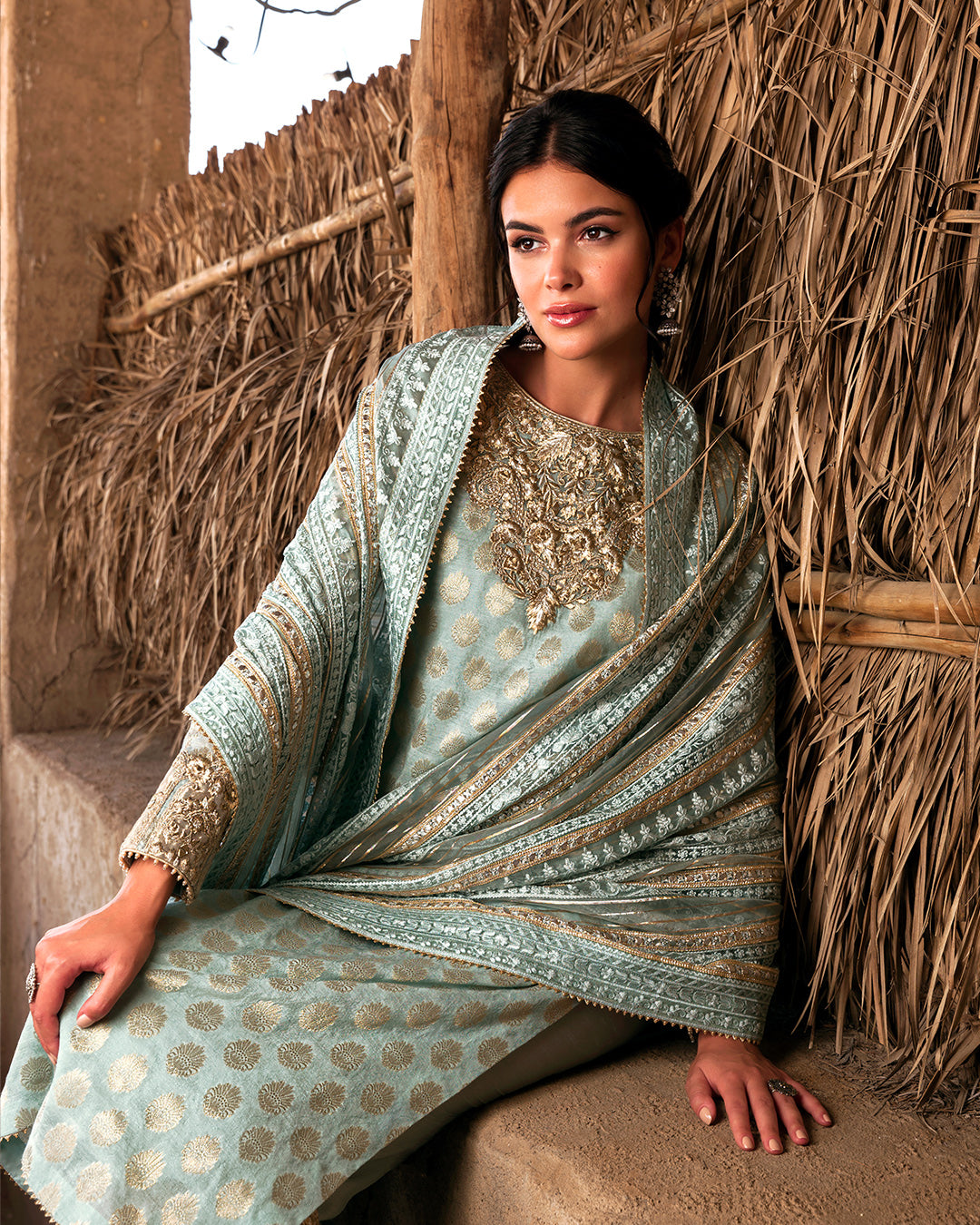 Pakistani Mint Blue Embroidered Paper Silk Salwar Kameez (3-Piece) - Image 6