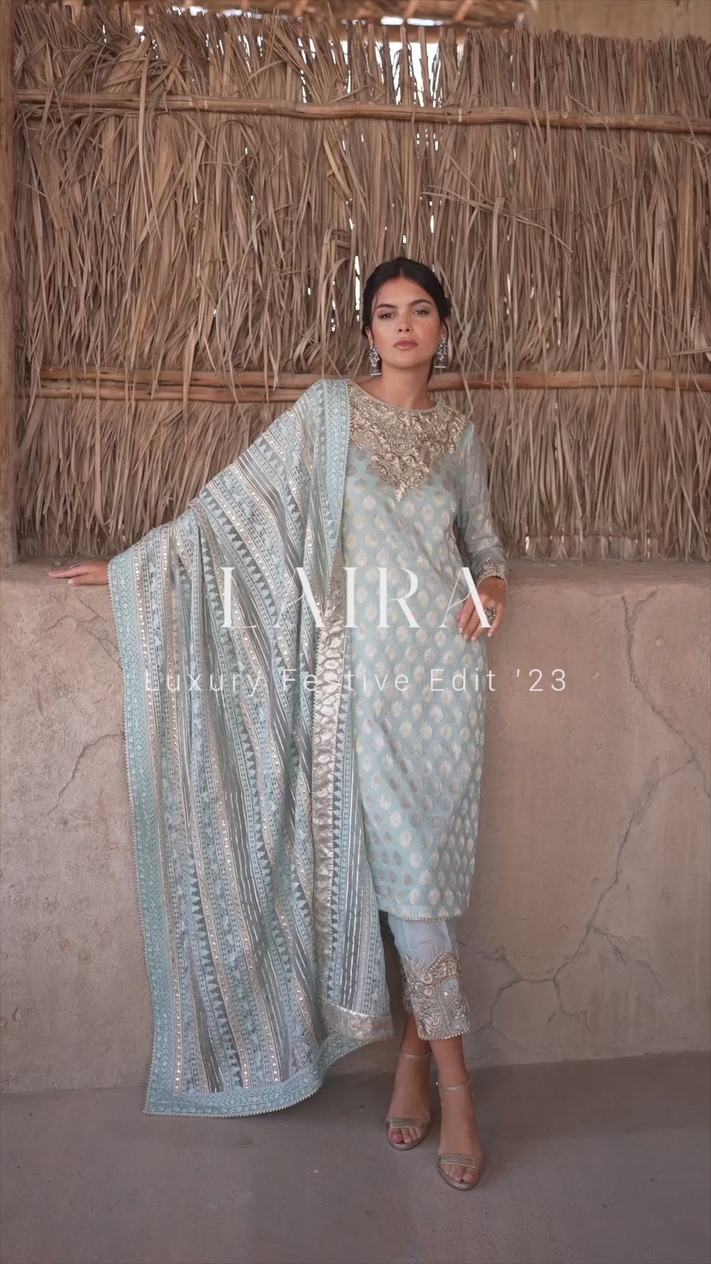 Pakistani Mint Blue Embroidered Paper Silk Salwar Kameez (3-Piece) - Image 7