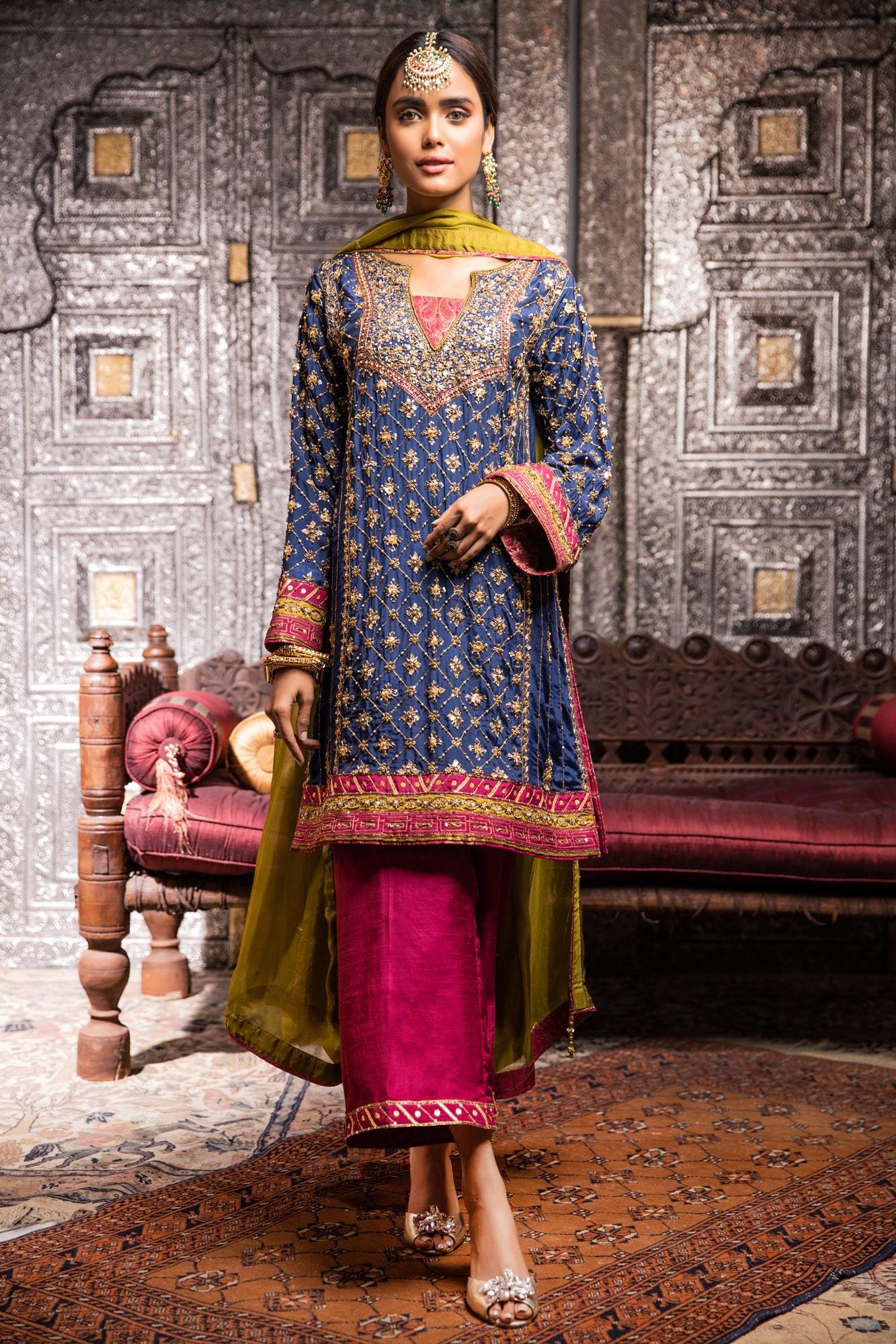Deep Blue Embroidered PK Raw Silk Kurta Set (3-Piece) - Image 2