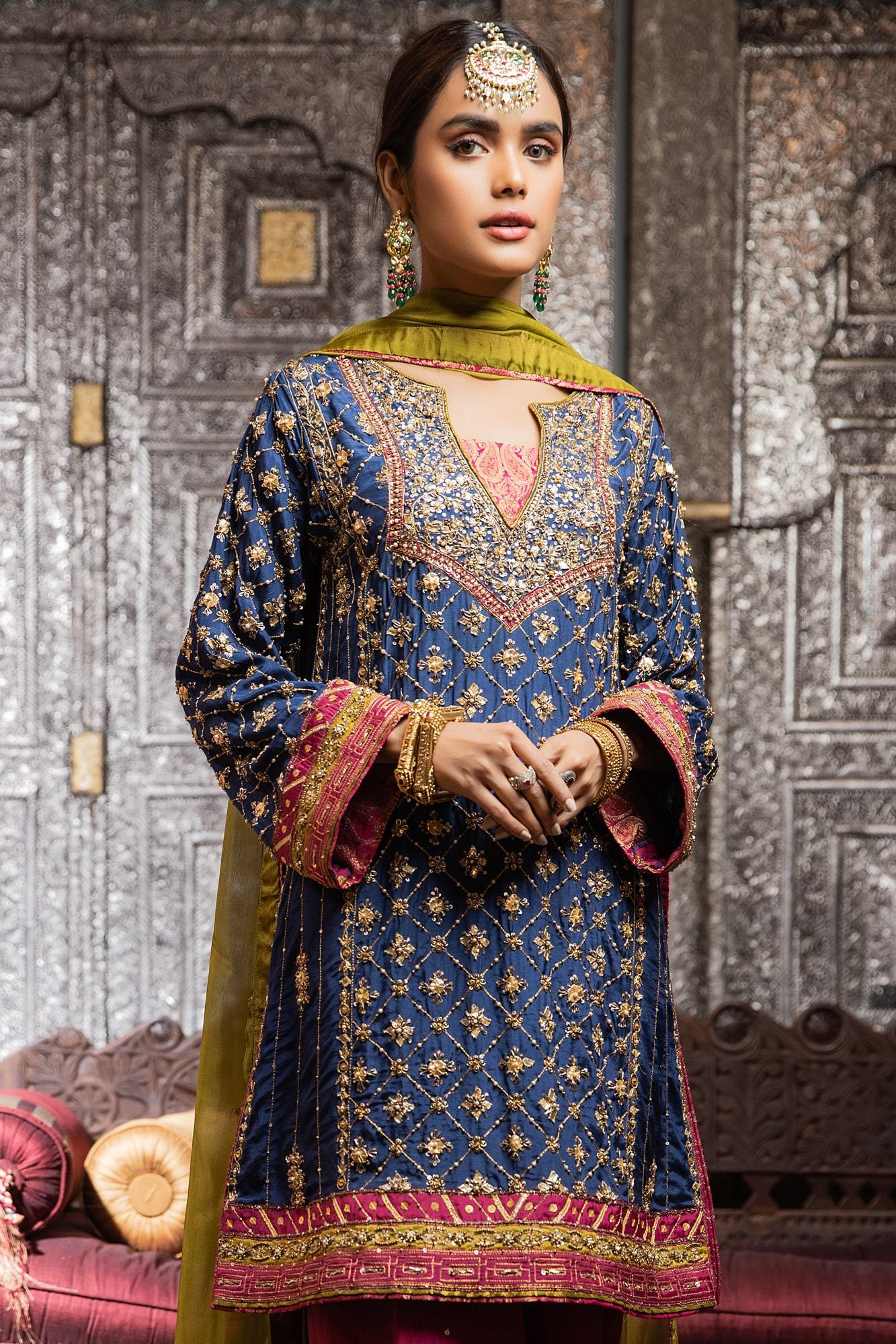 Deep Blue Embroidered PK Raw Silk Kurta Set (3-Piece) - Image 4