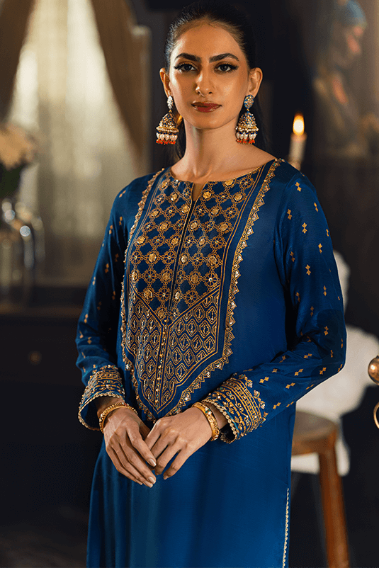 Pakistani Royal Blue Embellished PK Raw Silk Salwar Kameez (3-Piece) - Image 1