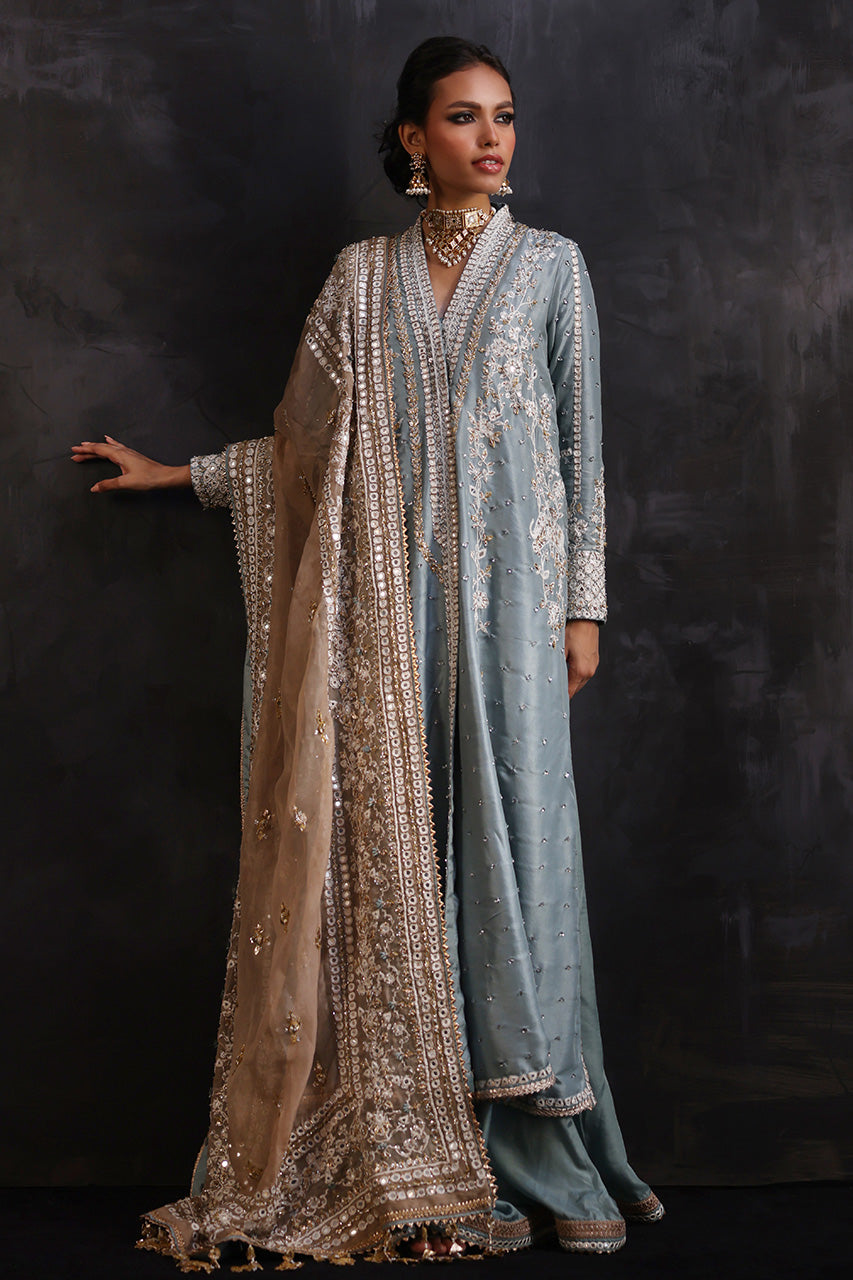 Pakistani English Blue Embroidered Pure Silk Choga (3-Piece) - Image 1