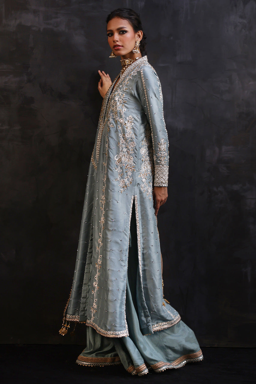 Pakistani English Blue Embroidered Pure Silk Choga (3-Piece) - Image 3